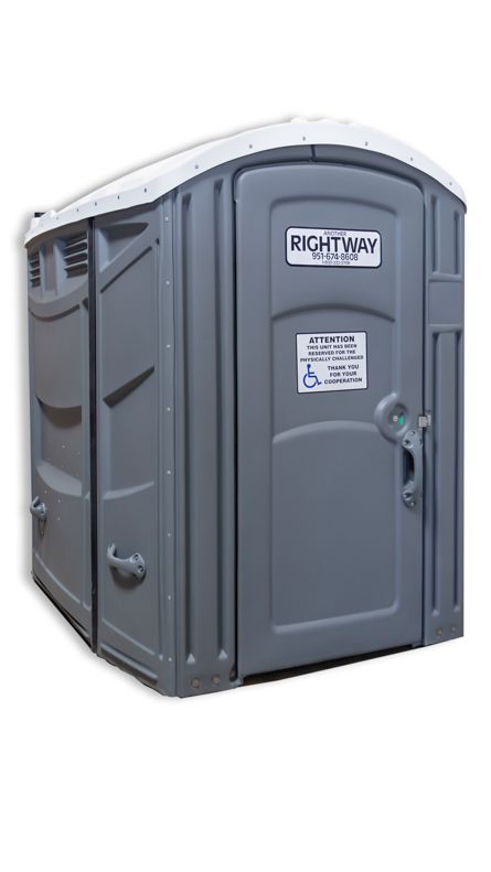 Gray portable toilet with a white roof, featuring a Right-Way logo and an accessibility symbol.