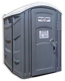 Gray, accessible portable toilet with white roof. 