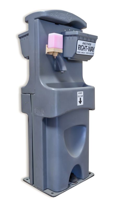Gray portable handwashing station with soap dispenser and water faucet.
