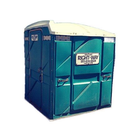Green portable toilet with a white roof. 