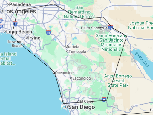 Map of Southern California, highlighted area including Los Angeles, San Diego, and Palm Springs.