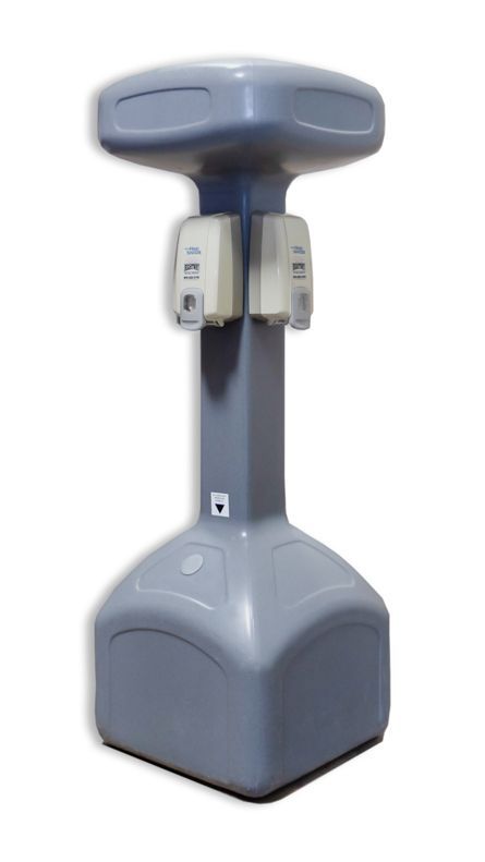 Gray freestanding hand sanitizer dispenser with two dispensers.