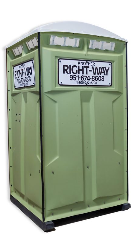 Green portable toilet with white roof; 