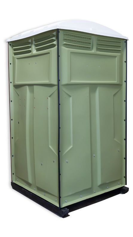 Green portable toilet with white roof.