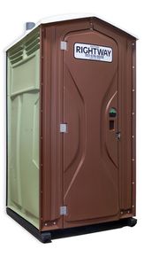 Portable brown and green restroom with 