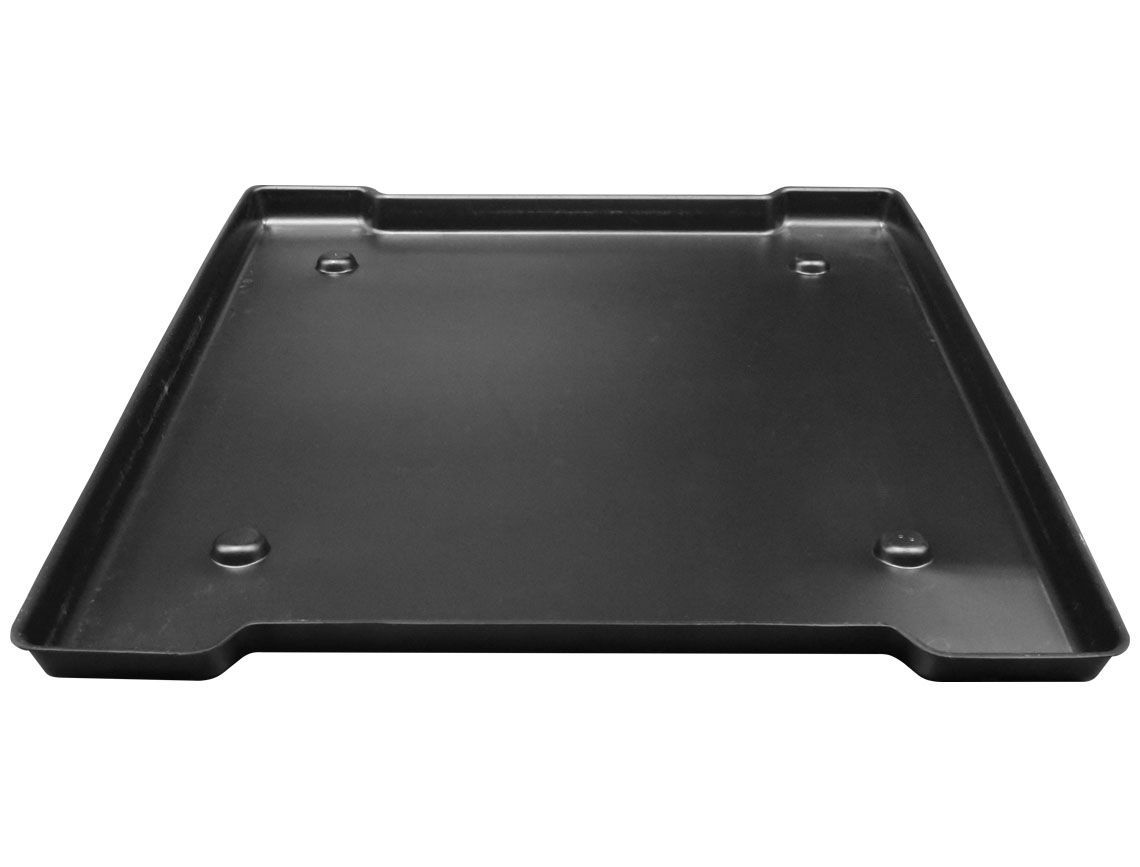 Black plastic battery tray with four mounting holes, sitting on a white background.