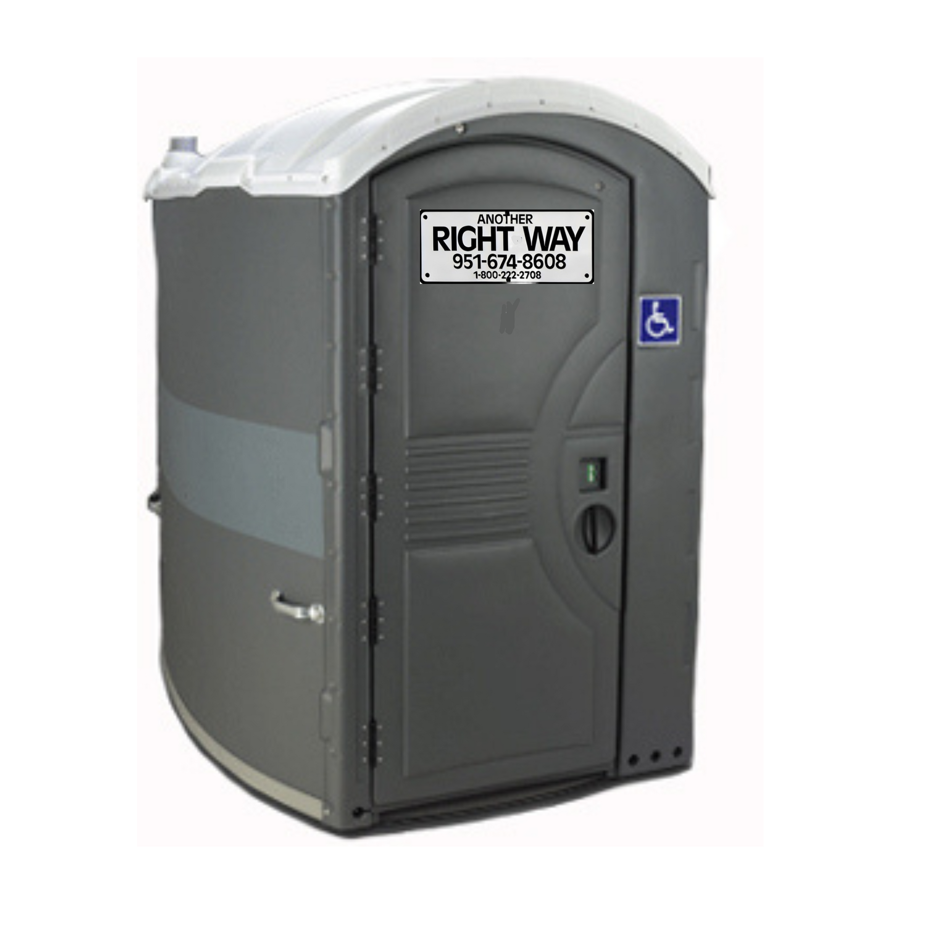 Gray portable restroom with white roof and wheelchair accessible sign.