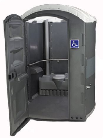 Accessible portable toilet, gray with an open door and a blue wheelchair symbol.