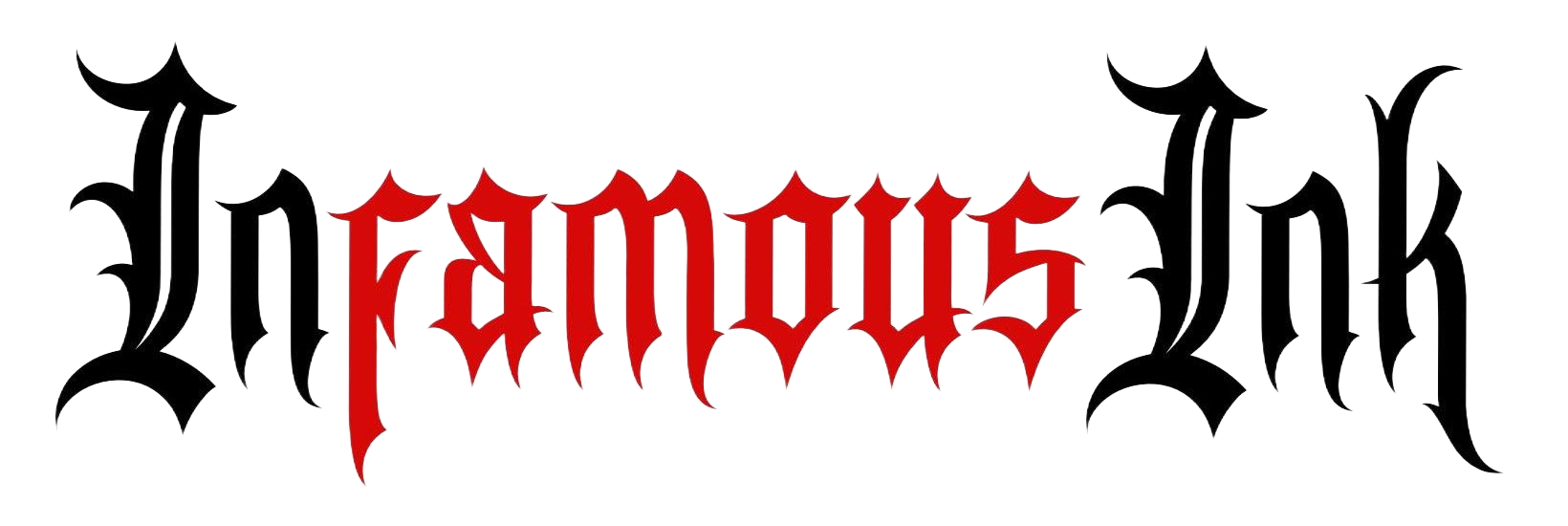 The logo "Infamous Ink" in a jagged, gothic-style font, with "Infamous" in red and "Ink" in black.