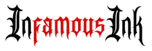 The logo "Infamous Ink" in a jagged, gothic-style font, with "Infamous" in red and "Ink" in black.