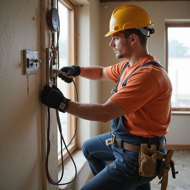 Electrician in orange shirt and hard hat wiring a wall outlet indoors