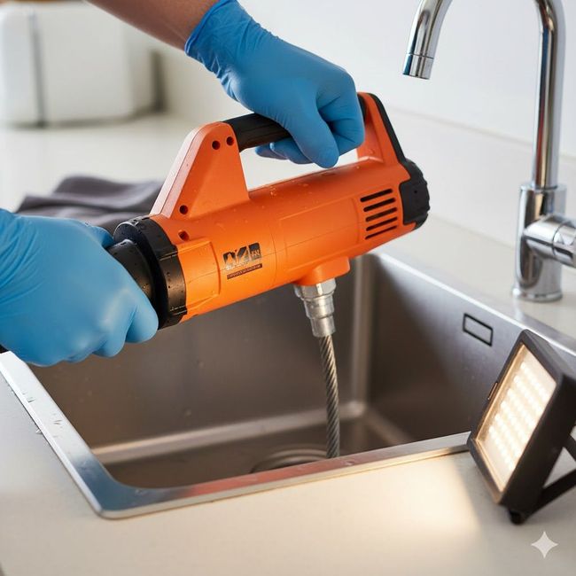 Blue-gloved hands using an orange drill over a stainless steel sink under a faucet
