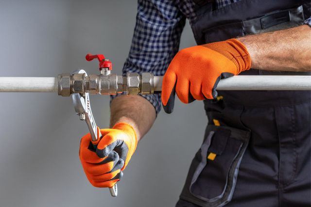 Worker using a wrench to tighten a metal pipe with orange gloves in a workshop setting