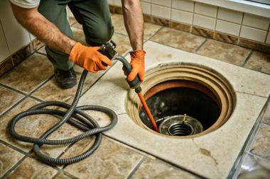 Worker using orange gloves and a drain snake to unclog a floor drain in a tiled room