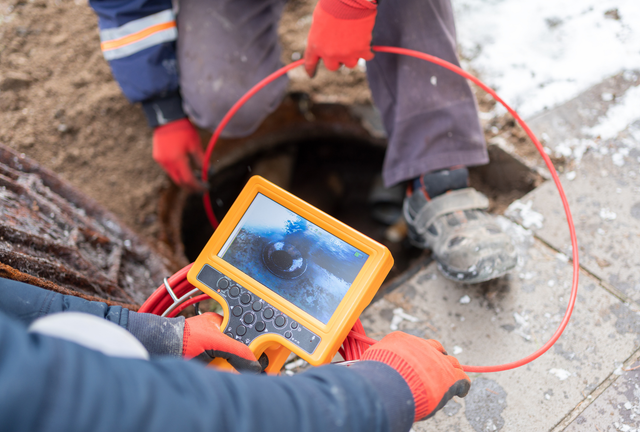 Workers using a handheld thermal camera to inspect a buried pipe leak at a muddy construction site