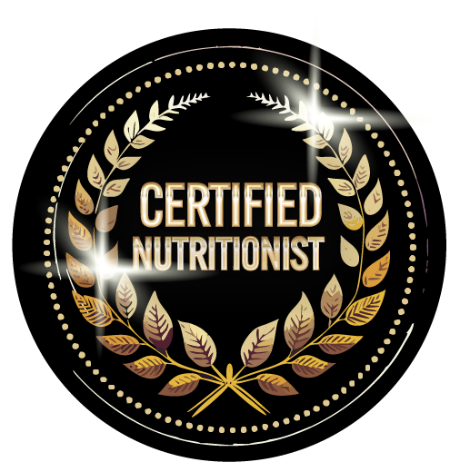 A black circle with gold leaves and the words certified nutritionist on it.