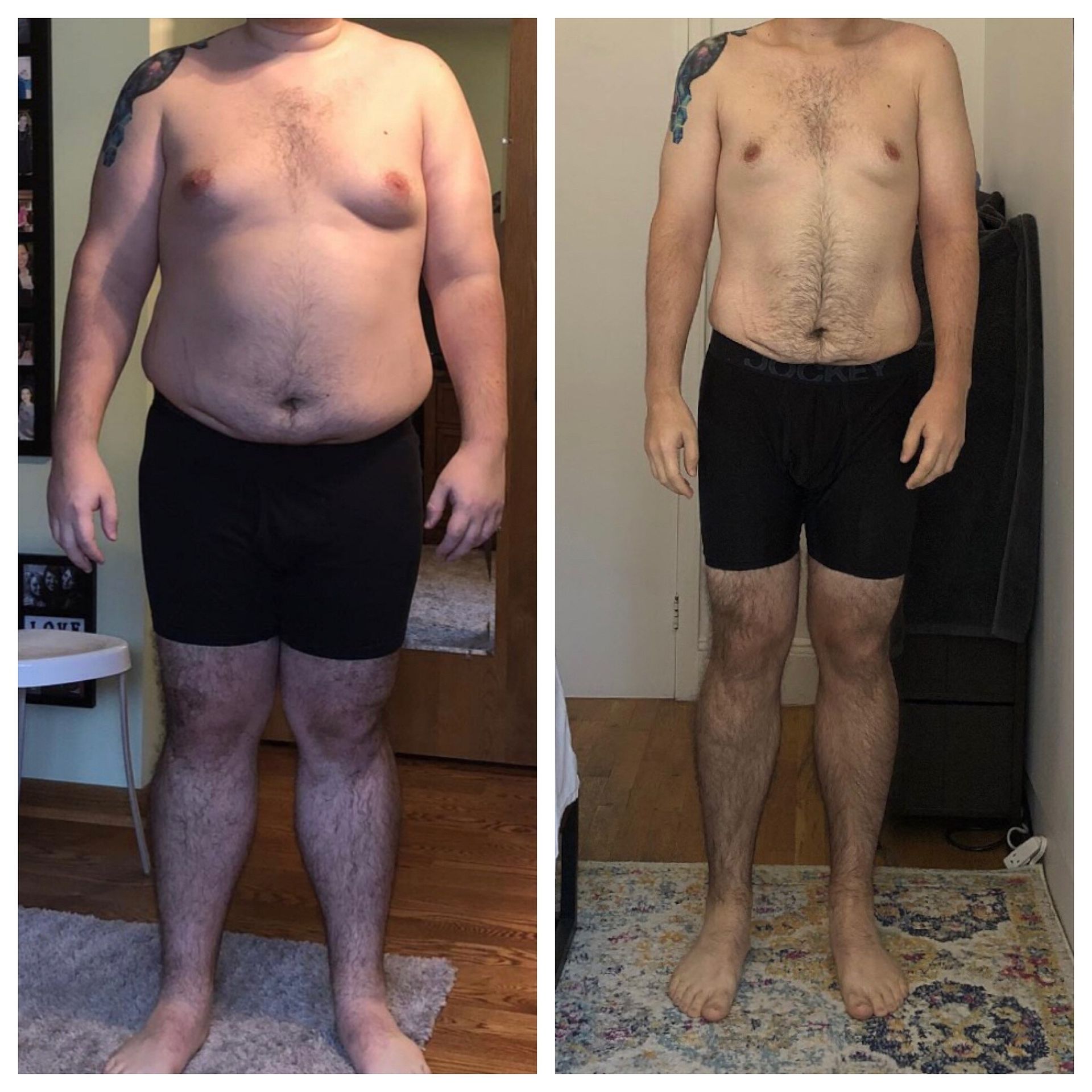 A before and after picture of a man 's weight loss.