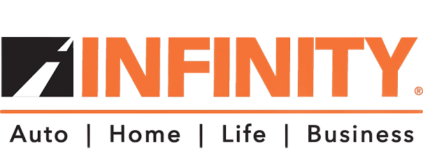 INFINITY insurance logo in orange and black with Auto, Home, Life, Business text