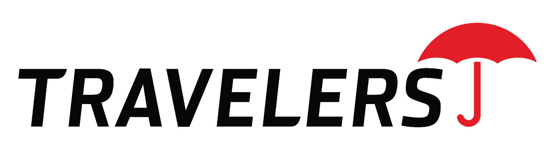 Travelers logo with black text and a red umbrella over the final letter