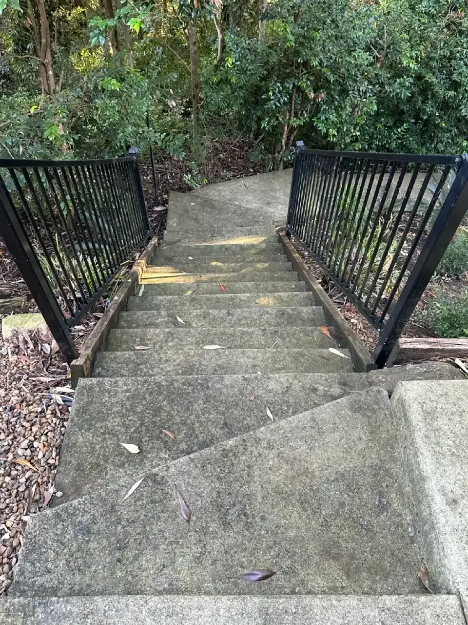 Green moss-stained concrete garden stairs before pressure cleaning in Mount Gravatt, Brisbane