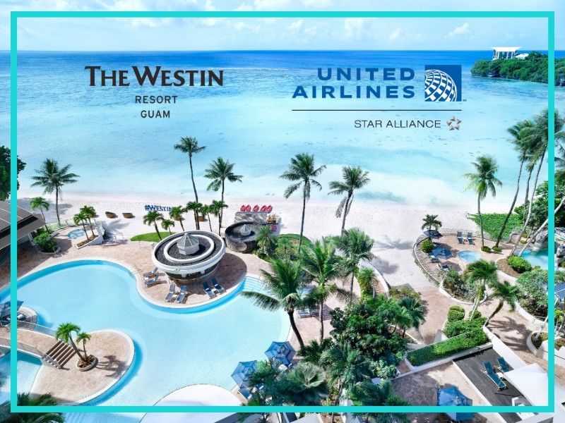 Beachfront resort with turquoise pool, palm trees, and ocean view at Westin Guam Resort