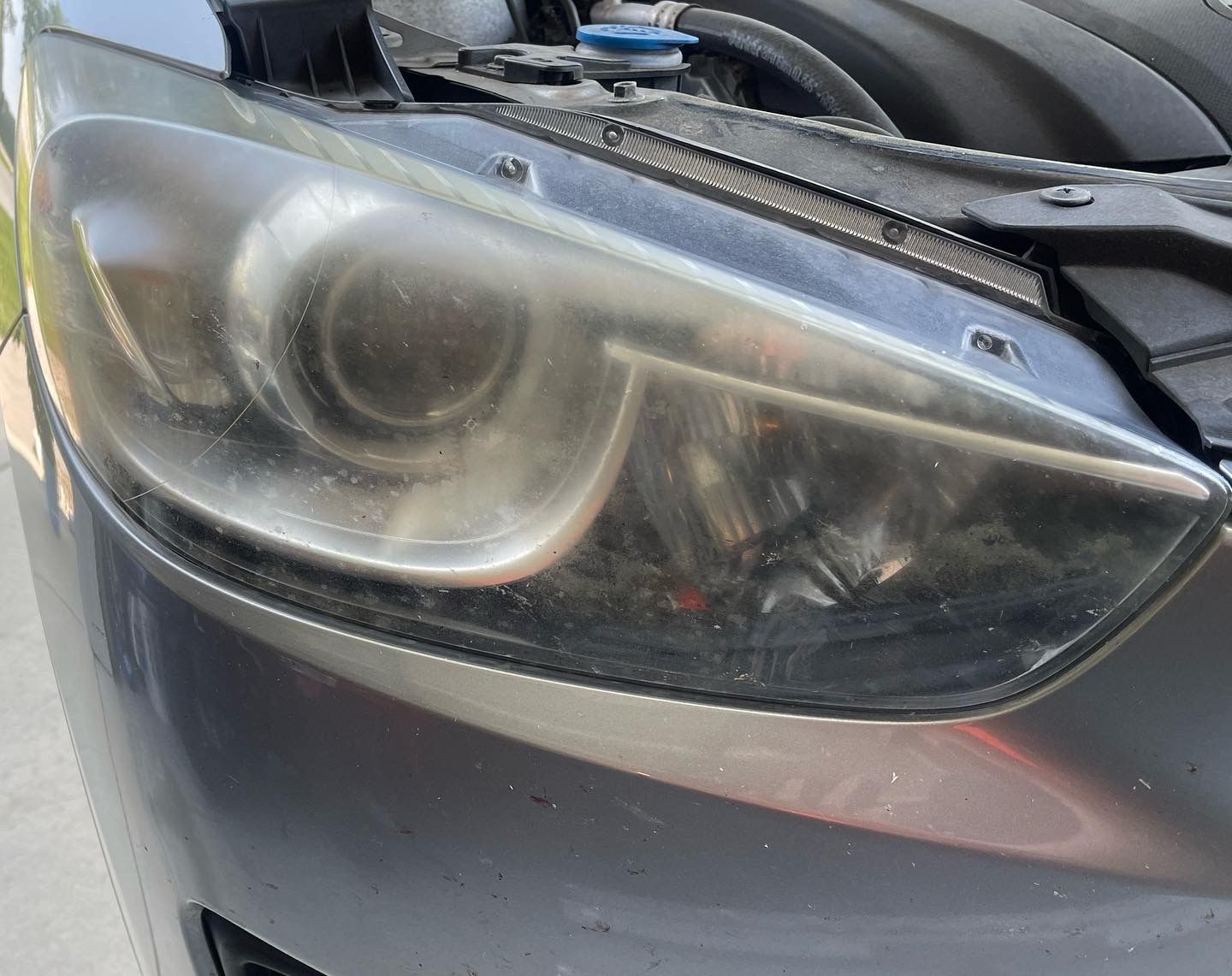 A close up of a car headlight with the hood open.