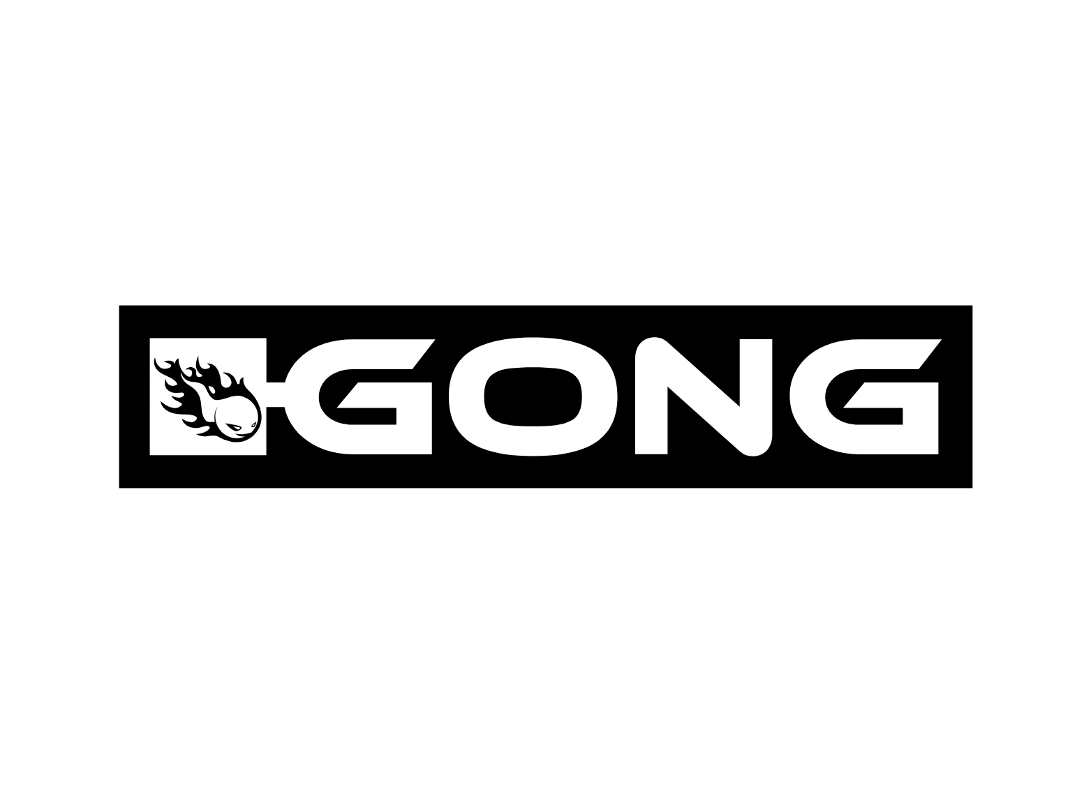 A black and white logo for gong with a dragon on it.