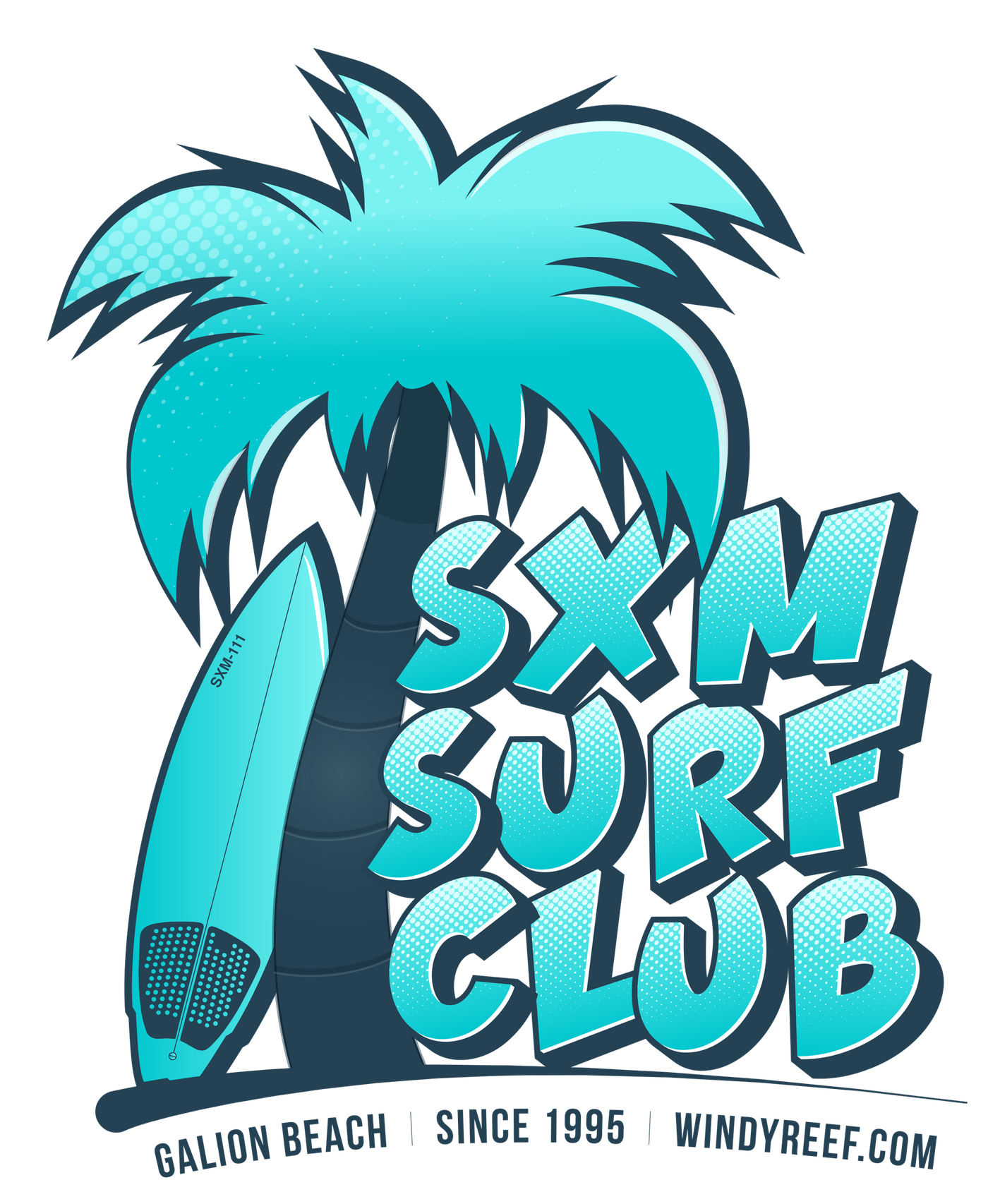 A logo for the sxm surf club shows a palm tree and a surfboard