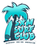 A logo for the sxm surf club shows a palm tree and a surfboard