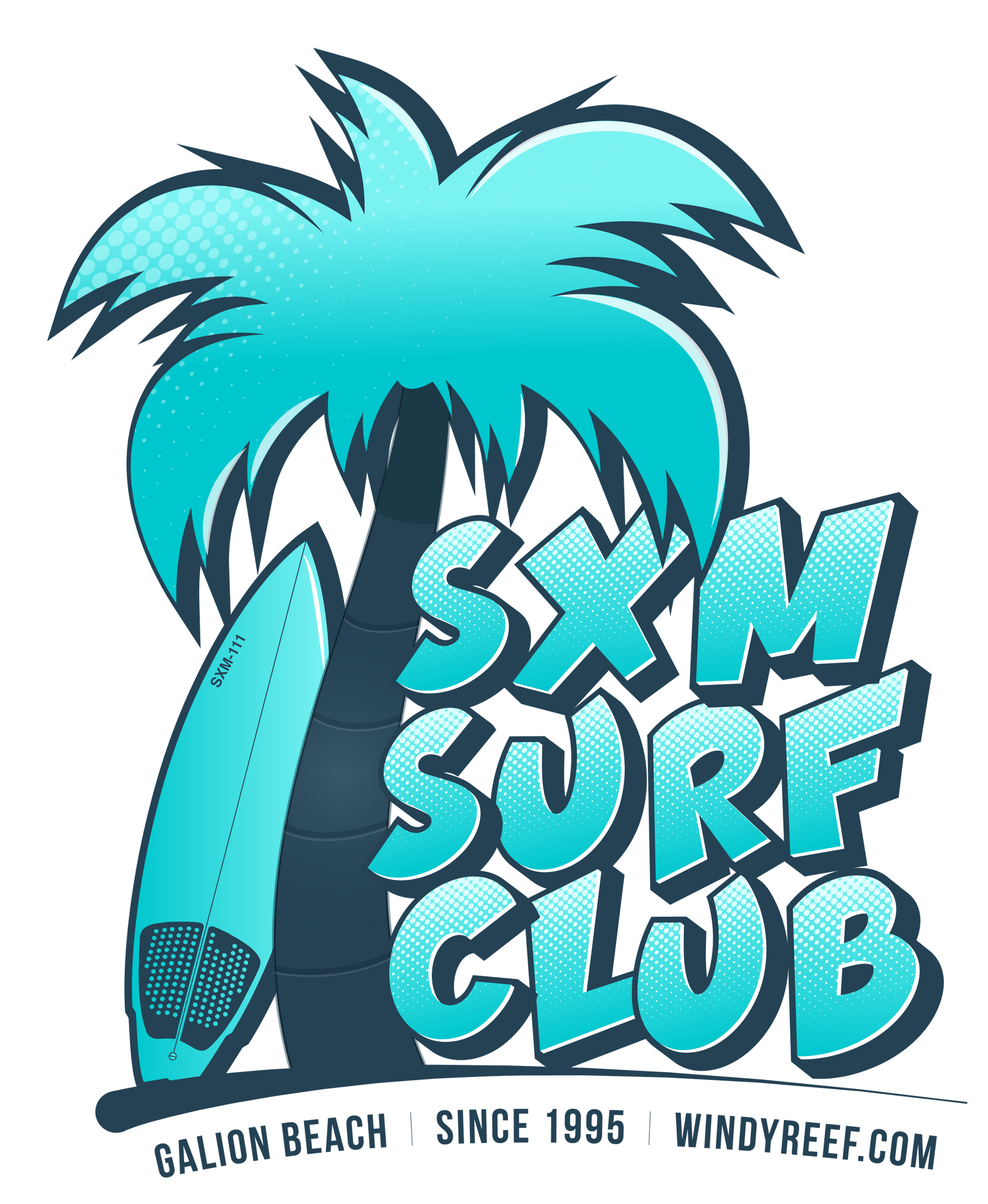 A logo for the sxm surf club shows a palm tree and a surfboard