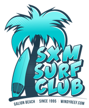 A logo for the sxm surf club shows a palm tree and a surfboard