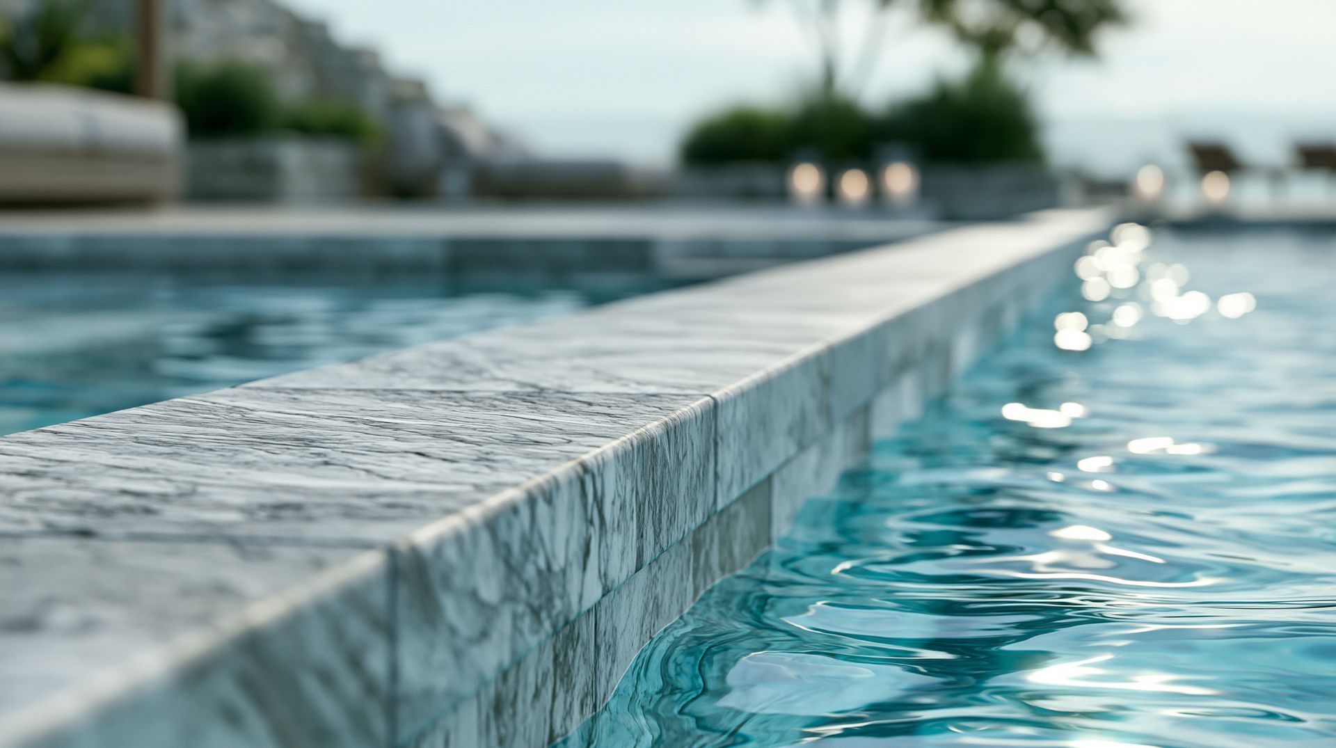 Stone pool edge beside clear blue water with blurred lights in the background