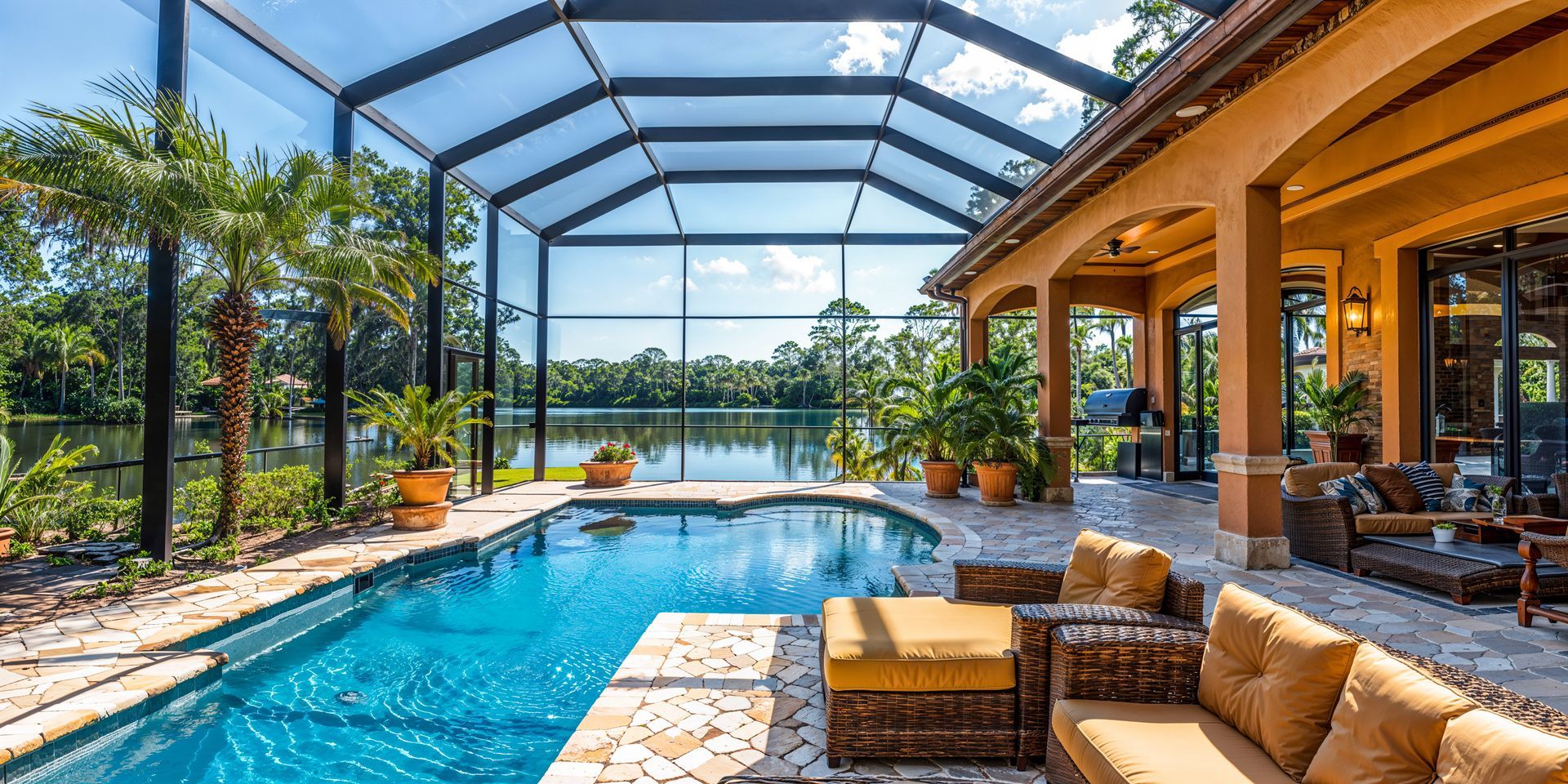 Covered patio with a swimming pool, wicker seating, and tropical landscaping in bright sunlight