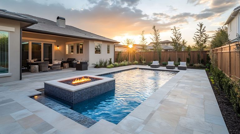 Backyard pool with stone fire pit, patio seating, and sunset over a modern home
