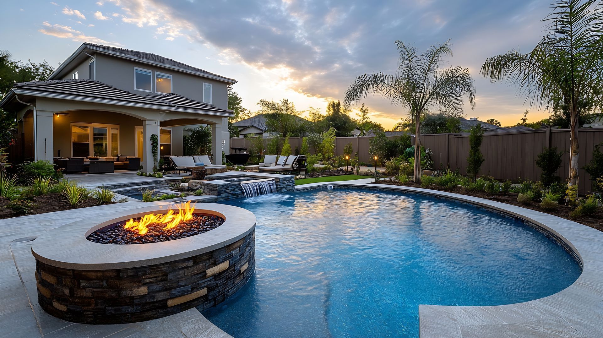 Backyard pool with fire pit beside a modern patio at sunset