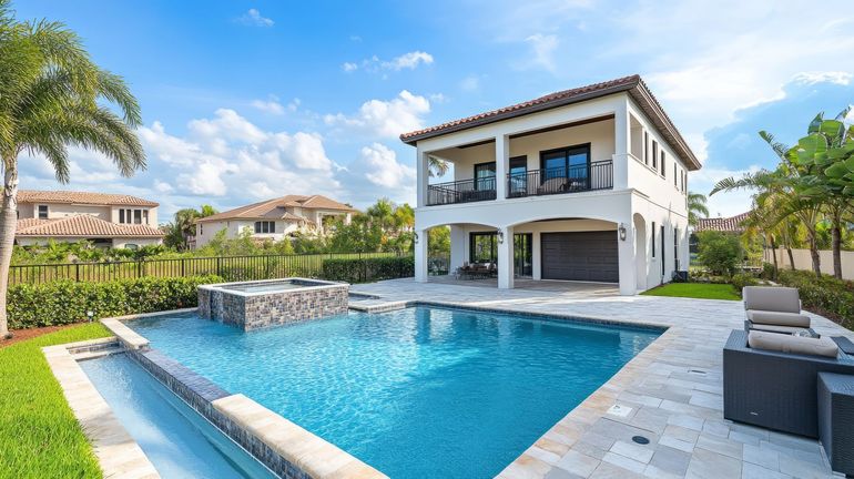 Luxury villa with a blue infinity pool and palm-lined backyard under a bright sky