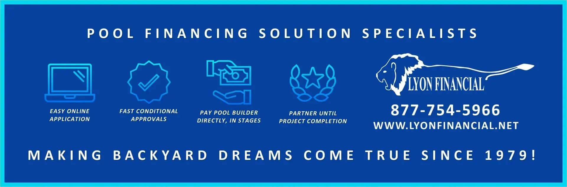 Blue pool financing banner with icons, phone number, website, and “Making backyard dreams come true since 1975!”