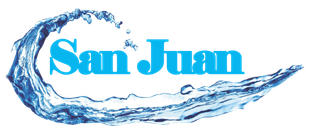 San Juan Custom Pools & Spas logo with blue water splash graphics