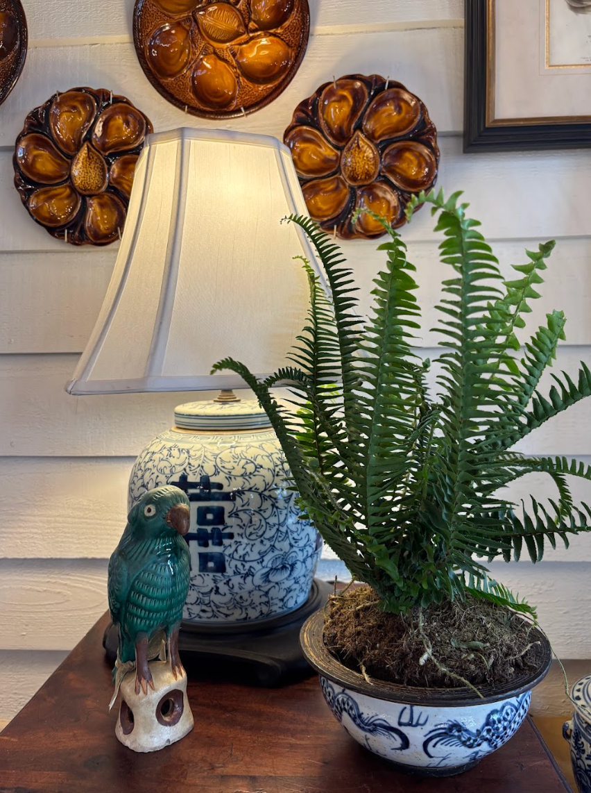 Decorative lamp beside a potted fern, blue-and-white vase, and small bird figurine on a table