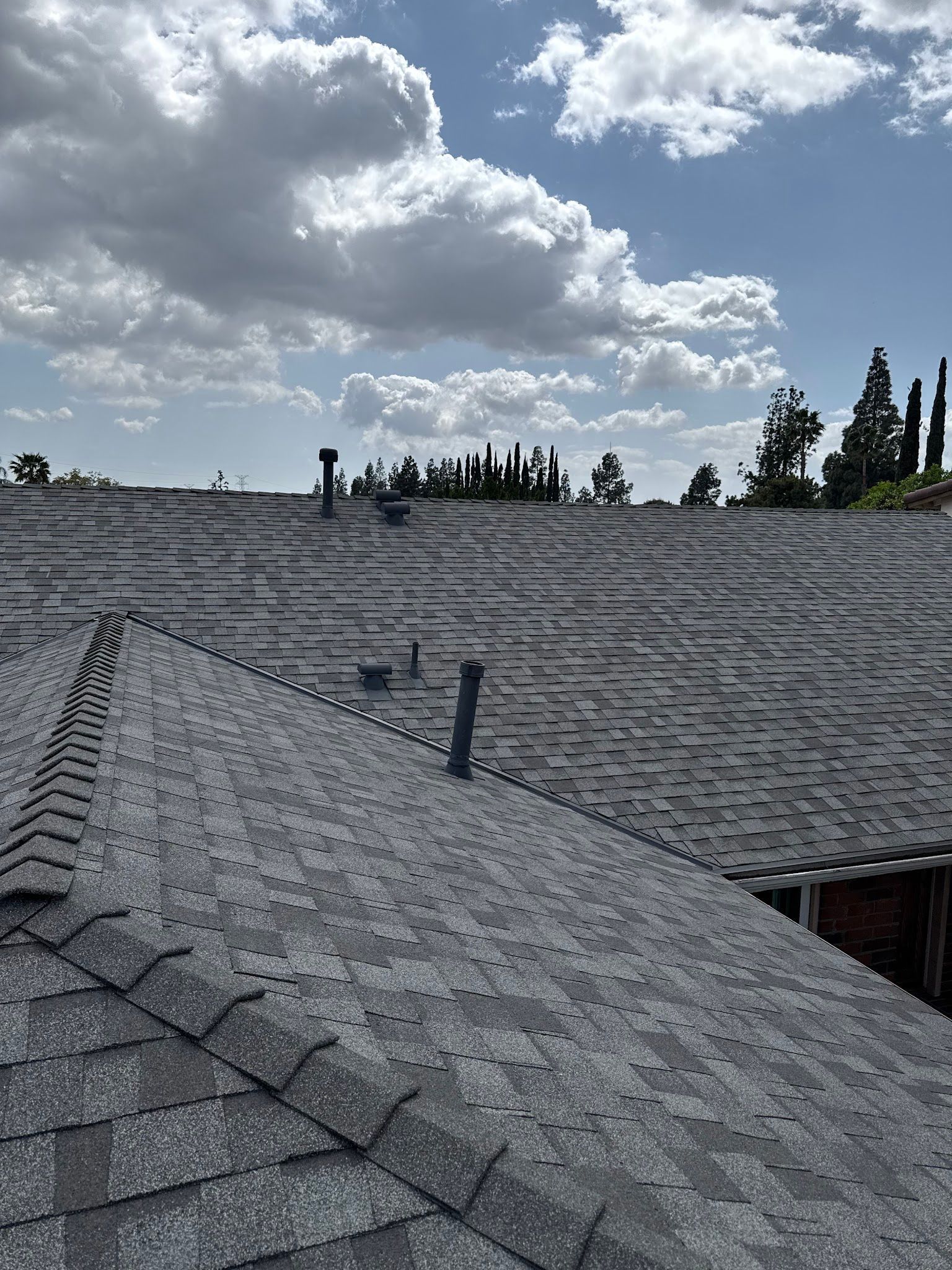 Gray shingled rooftops under a cloudy sky, with trees and chimneys in the distance