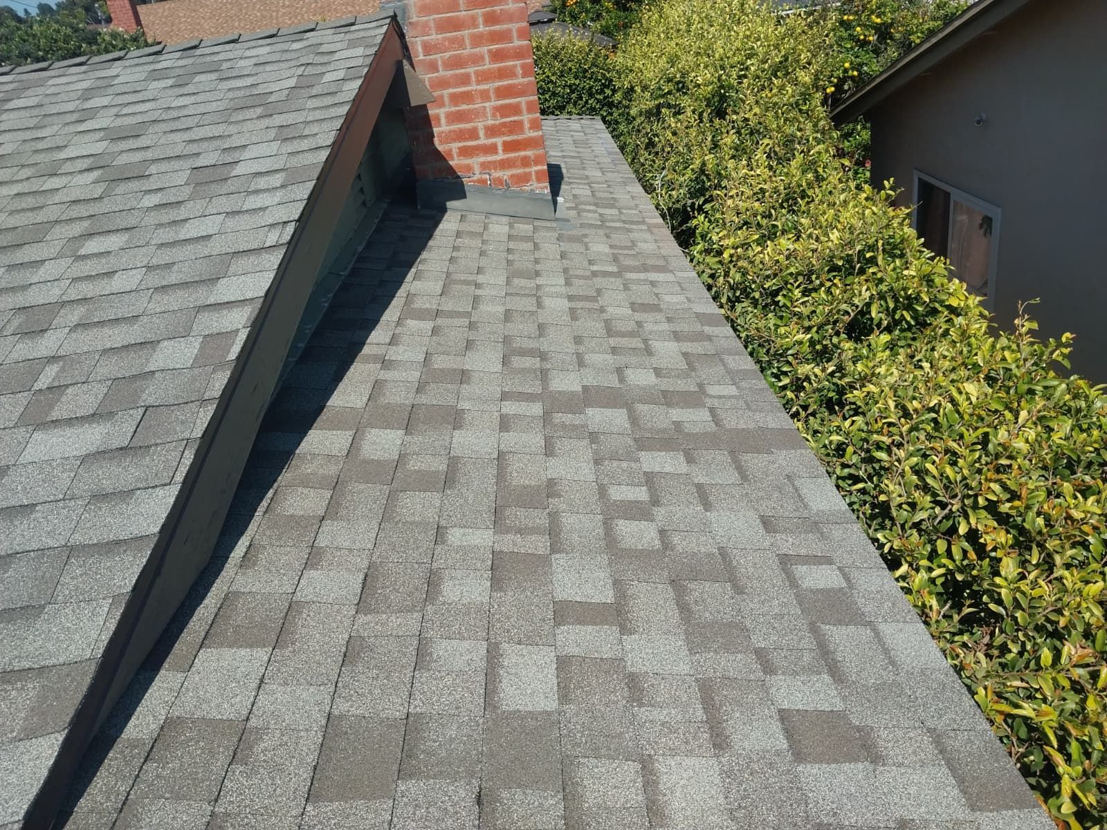Rooftop with gray shingles and brick chimney, seen beside trees and a neighboring house.