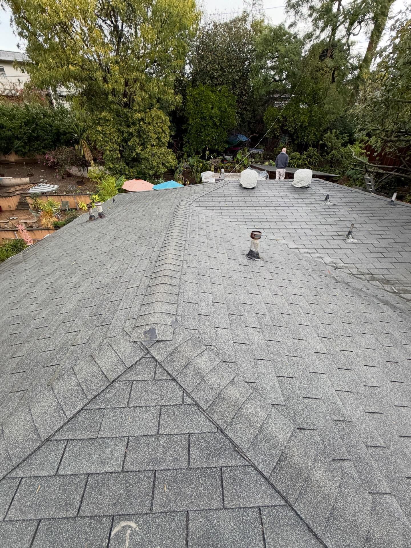 Gray shingled roof with two vents, viewed from above, with trees and garden in the background