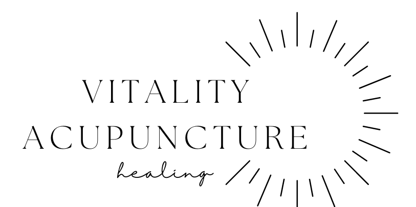 Vitality Acupuncture logo with “healing” script and sunburst design