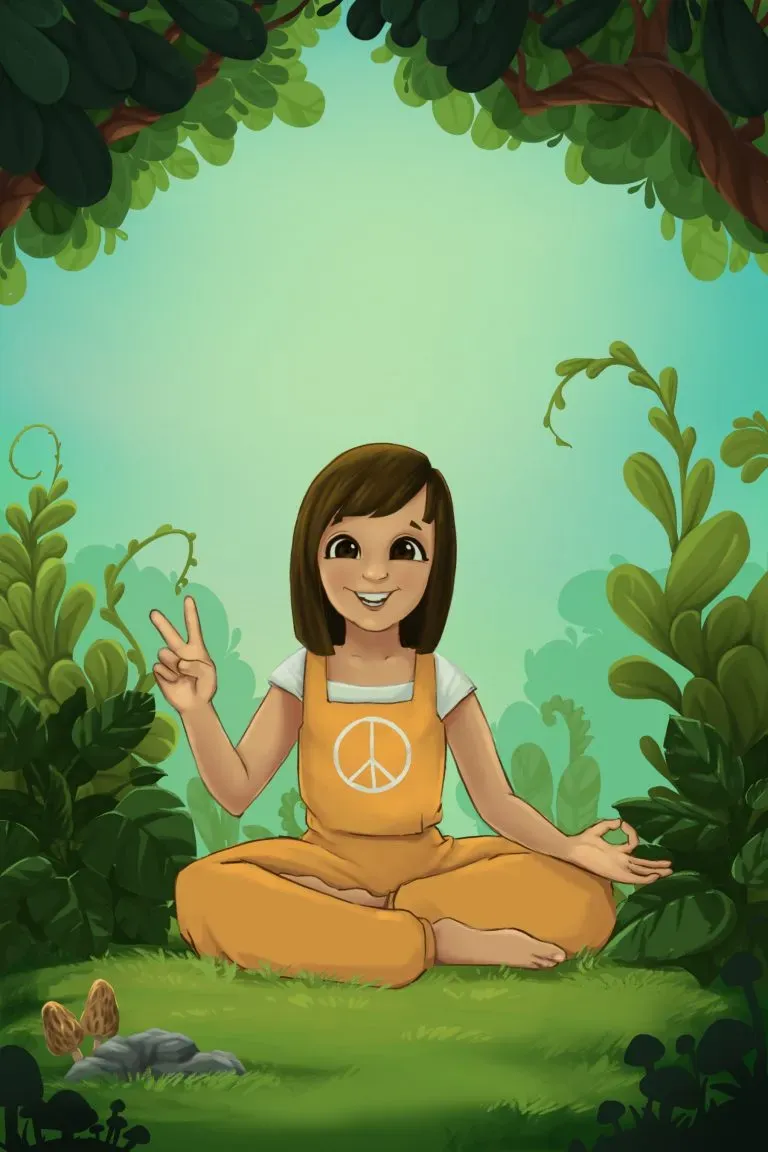 Person meditating cross-legged in a lush green forest, wearing orange clothes and smiling with a peace sign.