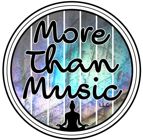 Circular “More Than Music” logo with black text over a colorful abstract background and a meditating figure silhouette.