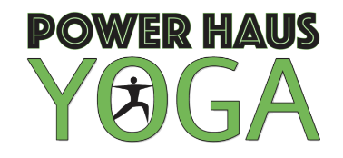 Power Haus Yoga logo with black and green text and a meditating figure in the O