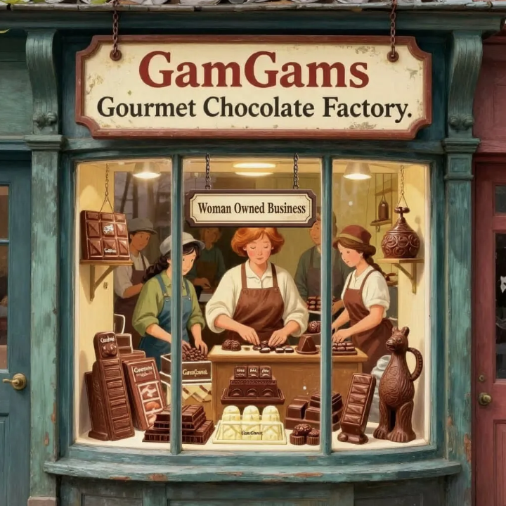 Chocolate shop storefront with sign “GamGams Gourmet Chocolate Factory” and display of assorted chocolates