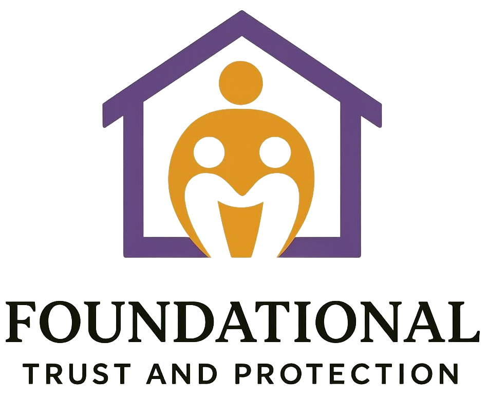 Logo: Purple house shape frames an orange family silhouette; 