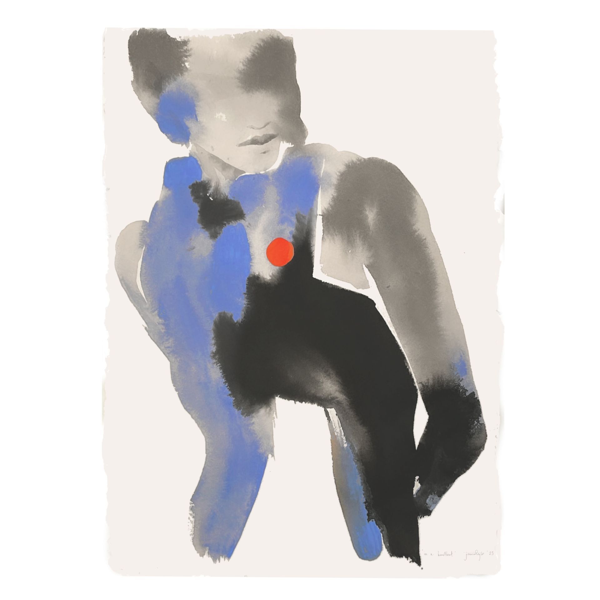Abstract figure in shades of blue, gray, and black with a red dot on the chest.