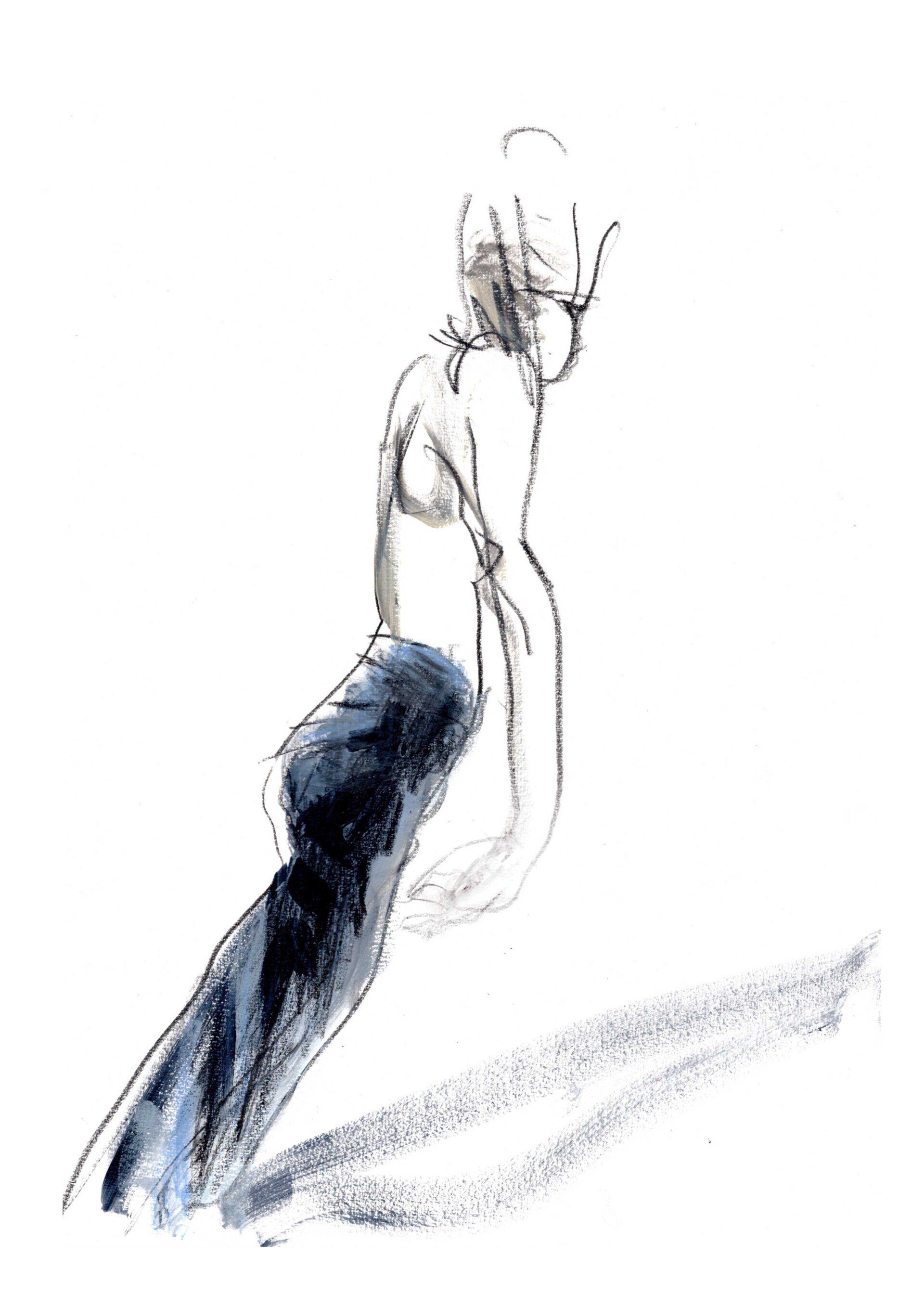 Person bending over, possibly jumping, wearing dark pants and light top, casting a shadow.
